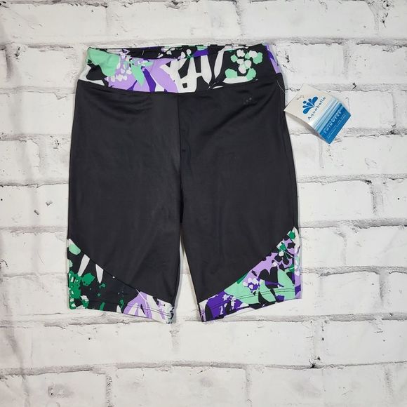 AQUABELLE Purple Black Floral Long Line High Waist Swim Shorts Size 10 NWT - Picture 1 of 2